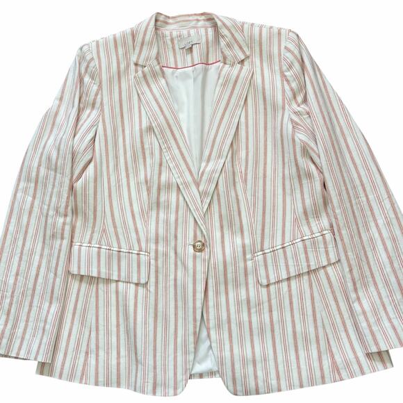 Loft Womens Blazer 14 White Pink Railroad Stripes Linen Blend Preppy Plus Modern - Picture 2 of 12
